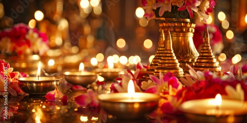 Traditional Thai temple altar with offerings. Incense, flowers, and candles arranged for merit-making. Concept of Visakha Bucha Day, religious practices, Buddhist rituals, and cultural devotion.