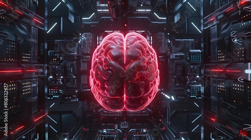 Neon-lit brain on intricate circuit board. Glowing brain symbolizing artificial intelligence, technology and human intelligence. Concept of brainpower, neuroscience, modern electronics. Top view. Art #806322477