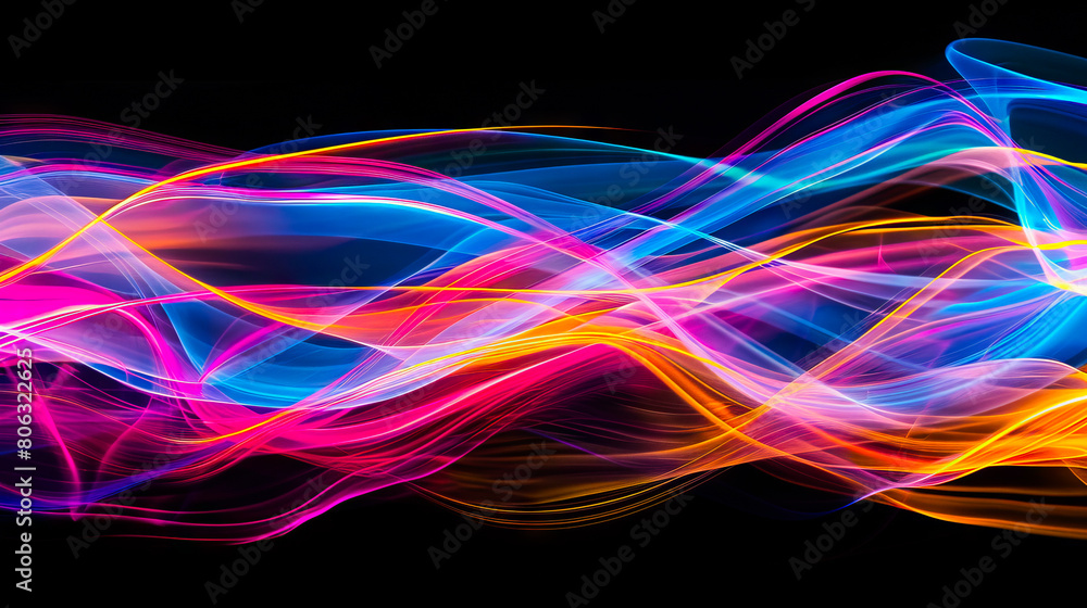 Fototapeta premium Abstract colorful light waves on black background.