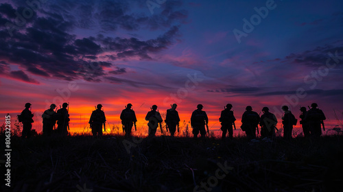 A group of soldiers standing in the field at sunset.