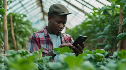 A young male worker is focused on using a smartphone among lush green plants in a greenhouse setting