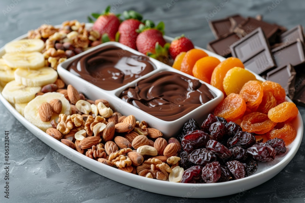 Elegant dessert platter featuring sliced bananas, strawberries, assorted nuts, dried apricots, raisins Elegant dessert platter featuring sliced bananas, strawberries, assorted nuts, dried apricots, raisins