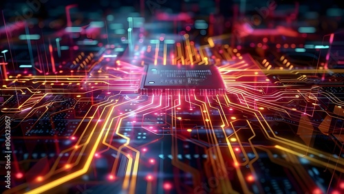 Futuristic 3D rendering of a hightech microchip processor on a circuit board. Concept Futuristic Technology, 3D Rendering, High-Tech Microchip, Circuit Board, Digital Design