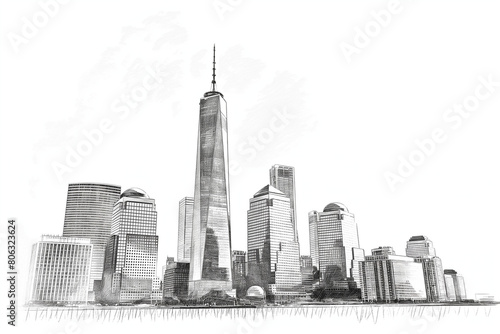 Black and white line drawing illustration of One World Trade Center in New York 