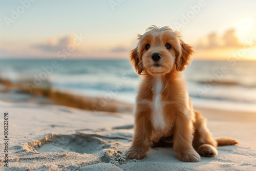 Happy dog at the beach in a sunny day on holiday at summer