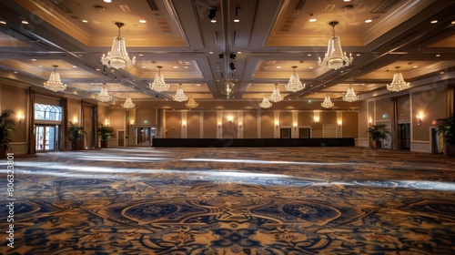 The grand ballroom's dim lighting and classic design elements create an inviting, intimate atmosphere for any event photo