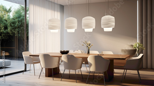 A contemporary dining area featuring a sleek white dining chr and table, accented with minimalist decor and illuminated by a modern pendant light fixture photo