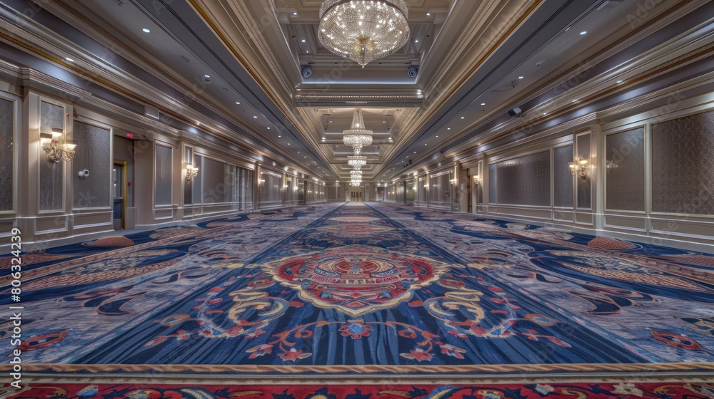 A luxurious hotel hallway featuring ornate carpets, sophisticated decor, and grandiose chandeliers hinting opulence and style