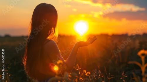 A young woman stands in a field at sunset, grasping the sun against the dramatic backdrop of the evening sky