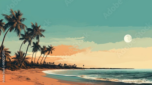 A serene painting of a beach at sunset, featuring palm trees swaying in the gentle breeze
