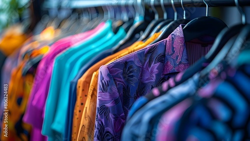 Colorful Garments Displayed on Clothing Racks in a Boutique. Concept Boutique Display, Colorful Garments, Clothing Racks, Fashion Showcase