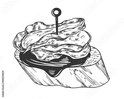 Sketch style spanish tapas isolated on white background. Engraving illustration of food appetizer. Black and white snack sandwich. Canape with jamon. Finger food for party
