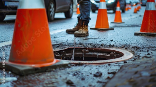 construction workers are repairing a culvert on the road photo