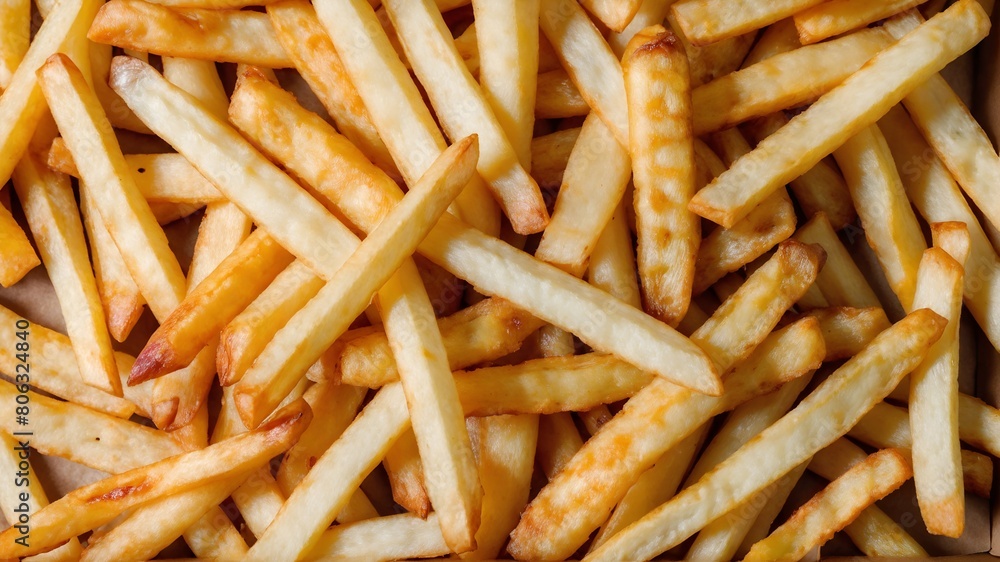 Heap of yummy french fries as textured food background. Top view, full frame. AI generated