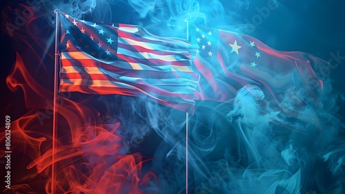 The Symbolic Conflict Between USA and China: American and Chinese Flags in Smoke. Concept Symbolism, International Relations, Flags, USA, China photo