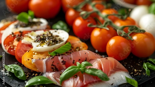 Omega- Rich Foods: Caprese Salad and Tomato Bruschetta Recipe. Concept Healthy Diet, Nutritious Ingredients, Cooking Inspiration
