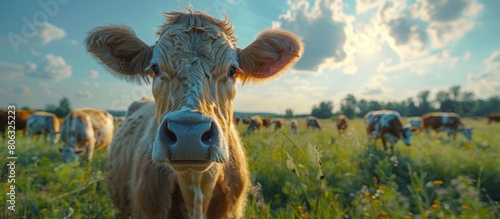 Cows in the pasture, a cow is looking at you with its head tilted to one side, sunny day, grassy meadow,