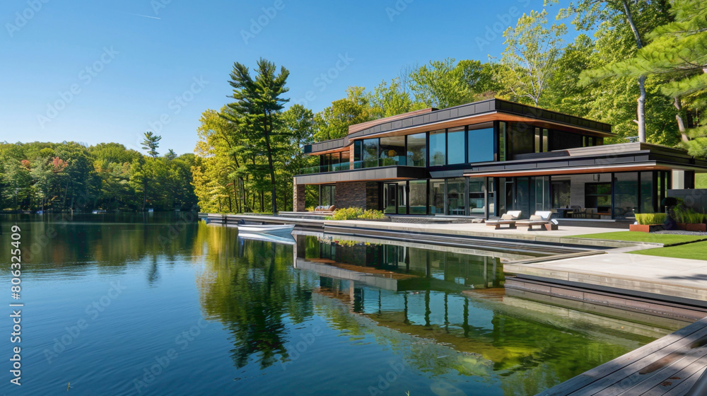 A contemporary mansion overlooking a sparkling lake, with a private boat dock