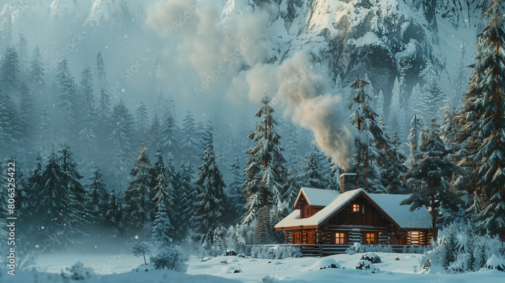A cozy cabin nestled in a snowy forest, smoke gently rising from its chimney A cozy cabin nestled in a snowy forest, smoke gently rising from its chimney