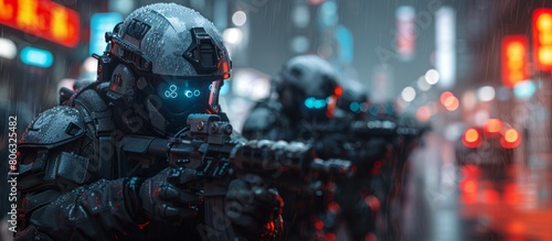 Futuristic soldiers in rain-drenched gear, equipped with advanced armor and weaponry photo