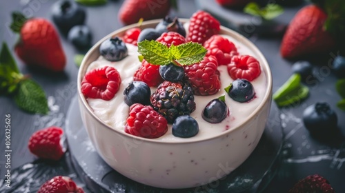 White bowl filled with yogurt and fresh berries on dark slate background. Macro shot with selective focus. Breakfast and health food concept for design and print