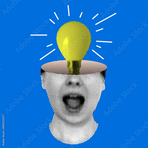 Idea concept. Light bulb turns on in a woman's head. Modern collage. Creative thinking in business. Scientific discoveries. Successful learning. Brainstorm. Halftone design elements cut from newspaper