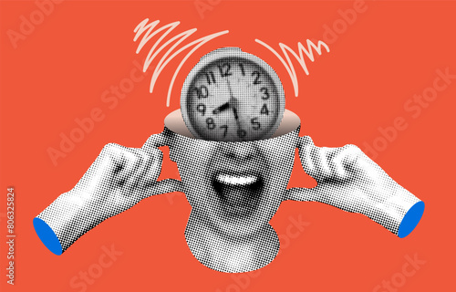 Deadline concept. Modern collage with indignant female head with an alarm clock inside. Woman plugging her ears with her fingers. Halftone alarm clock is ringing. Trendy vintage newspaper parts