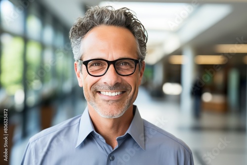 Stylish hispanic man with glasses and white shirt by office window in contemporary building