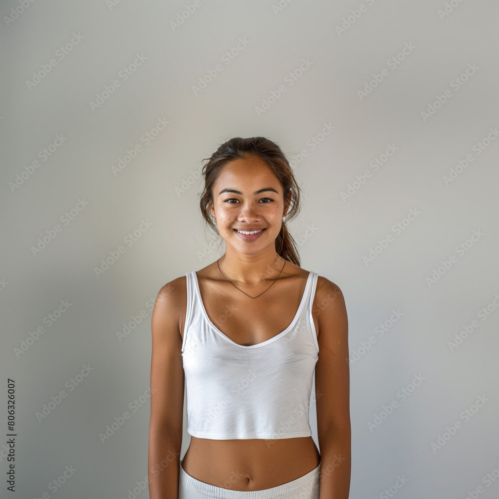 A cute woman Smiling wearing white tank A cute woman Smiling wearing white tank