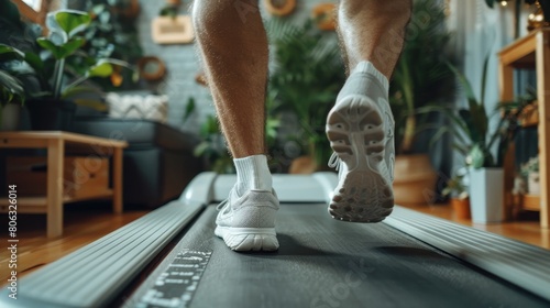 Close up view of man s feet jogging on a treadmill in a gym or during a home workout session photo