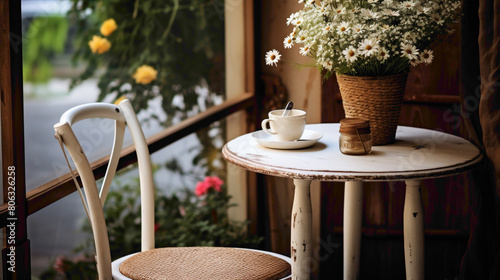 A cozy corner of a cafe furnished with a charming white rattan chr and a vintage bistro table, adorned with a vase of wildflowers, evoking a rustic countryside ambiance photo