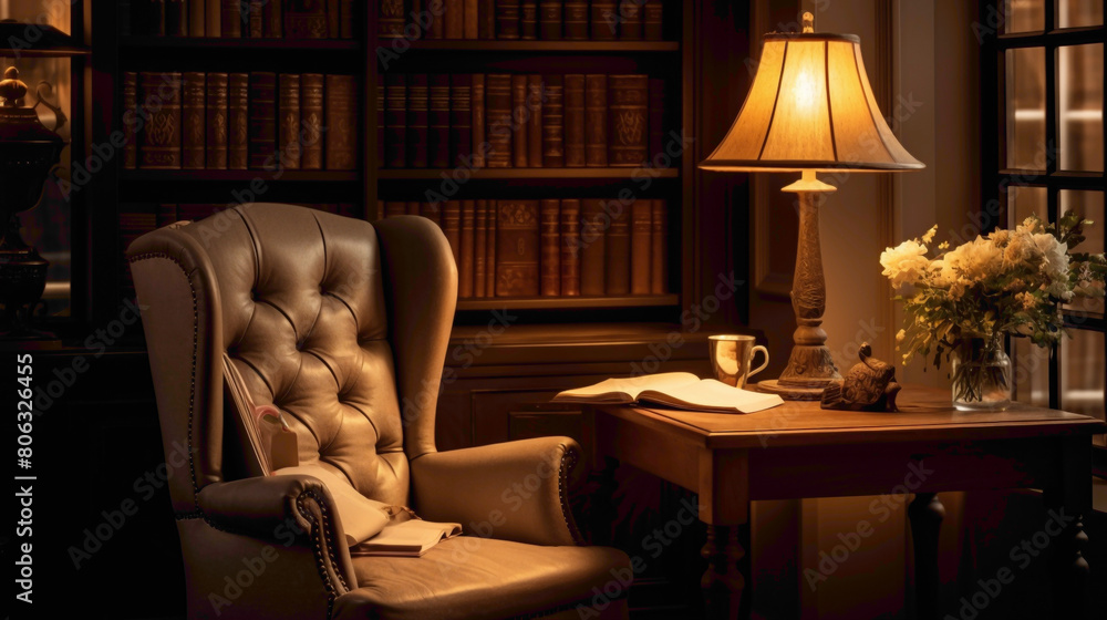 A cozy corner of a library furnished with a classic white wingback chr and a vintage wooden table, illuminated by the soft glow of a banker's lamp, perfect for quiet reading sessions