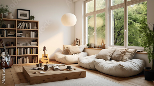 A cozy corner of a living room furnished with a plush white bean bag chr and a low wooden table, scattered with floor cushions and surrounded by floor-to-ceiling bookshelves, creating a 