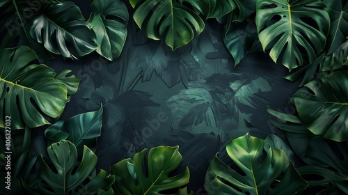 A green background with tropical leaves.