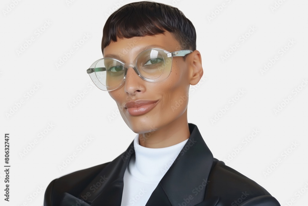 Stylish professional woman in a sleek suit and clear glasses, presented against a plain background. Stylish professional woman in a sleek suit and clear glasses, presented against a plain background.