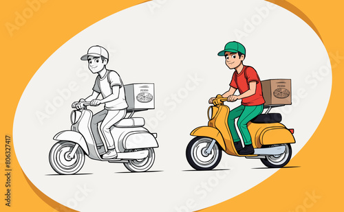 Motorbike boy vector, premium mascot, pizza delivery boy logo design, with paintable version, color drawing photo