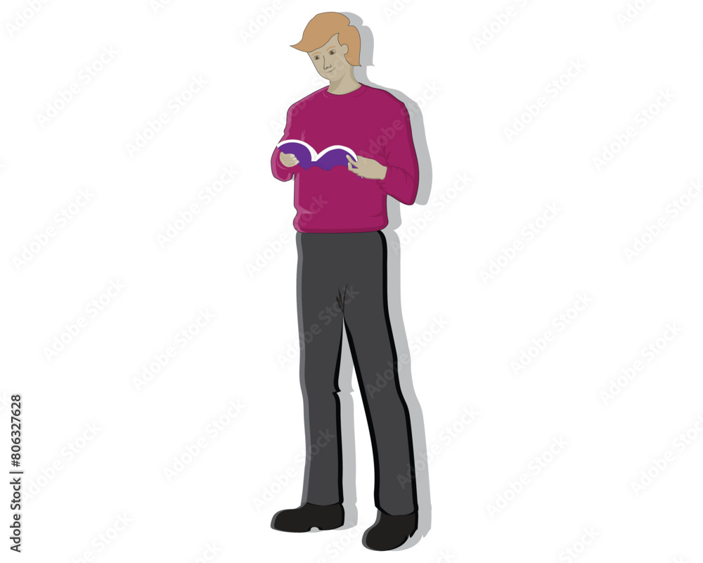 vector design cartoon illustration of a man in a reddish purple shirt with black trousers standing while reading a book
