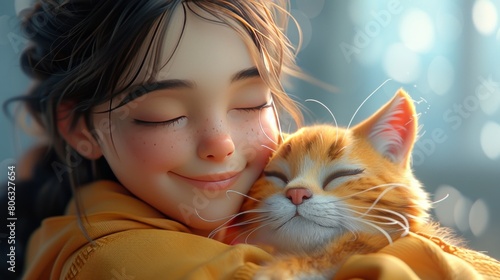 little girl and cute cat cartoon photo