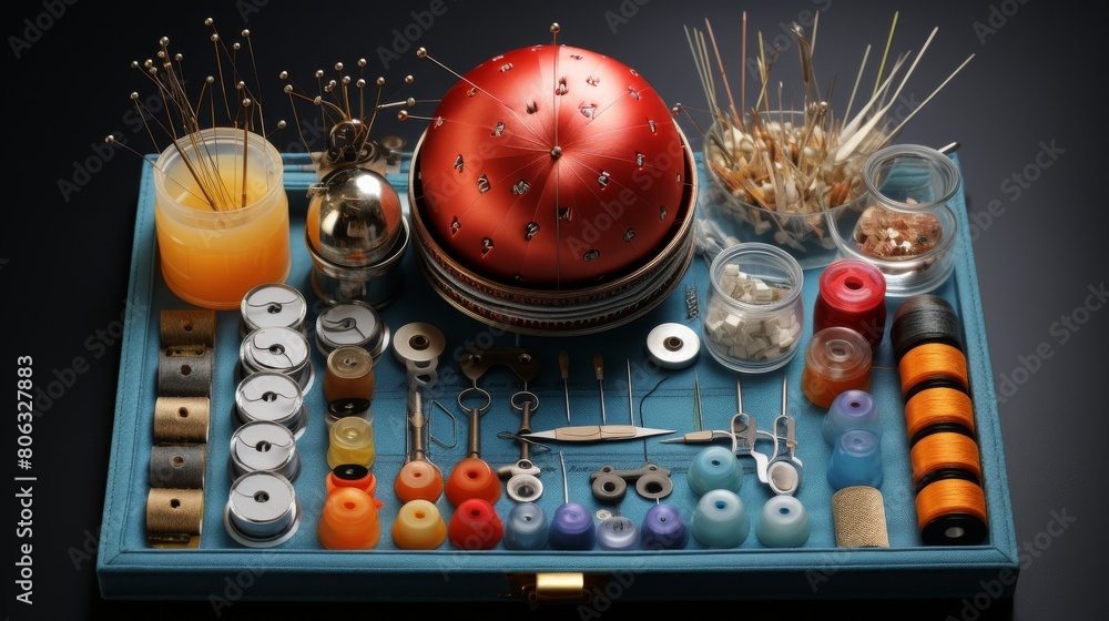 A colorful tray filled with various sewing supplies such as threads, needles, and scissors