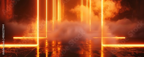 3d neon orange background in fog.