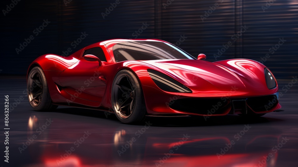 A vibrant red sports car calmly sits parked inside a dimly lit garage