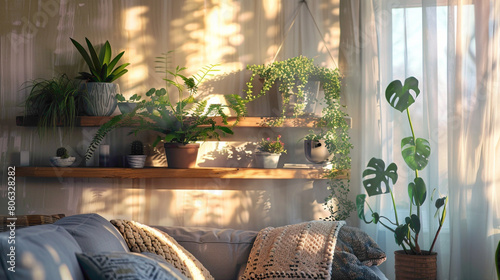 A cozy modern living room with a sleek wood floating shelf adorned with potted plants and elegant decor, basking in the warm glow of natural light filtering through sheer curtns photo