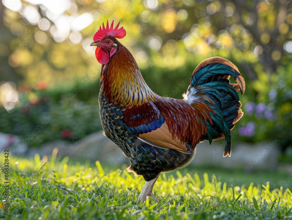 Colorful rooster on the green grass in the garden with blurred background.
