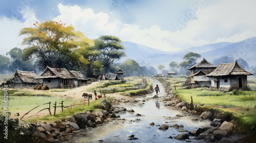 Watercolor painting of a quiet rural village.