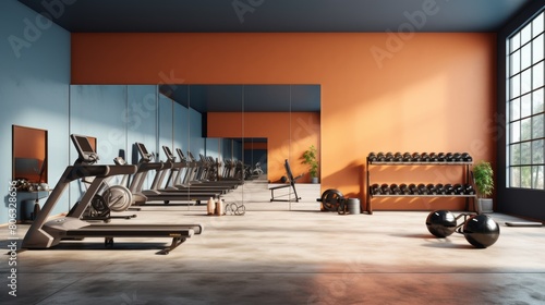 A gym filled with a row of exercise equipment, with people sweating and working out photo