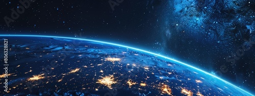 Electric blue lights illuminate Earths dark landscape seen from above in space