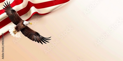 Bald eagle flying over american flag. photo