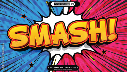 Smash pop art style comic 3d editable vector text effect on comic splashing background