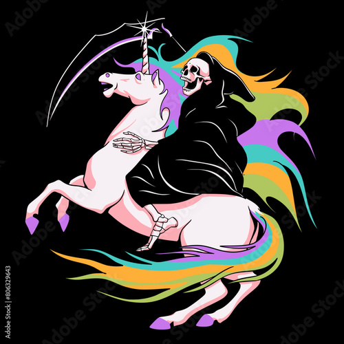 Grim Reaper Riding Rainbow Unicorn Vector Illustration