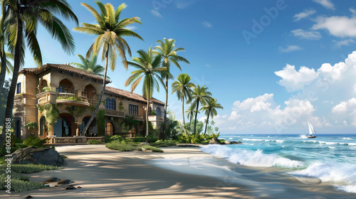 A luxurious beachfront villa with palm trees swaying in the breeze and the sound of waves crashing nearby © Rehmat